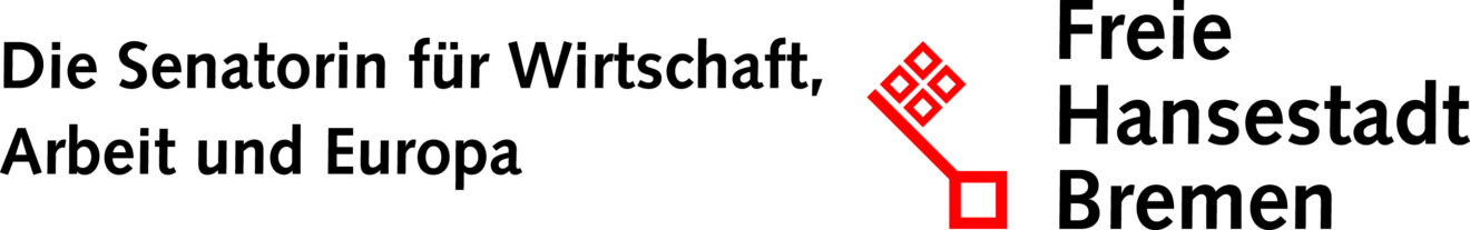 Logo der Sonatorin für Wirtschaft, Arbeit und Europa in schwarzem Schriftzug mit dem roten Bremer Schlüssel daneben.